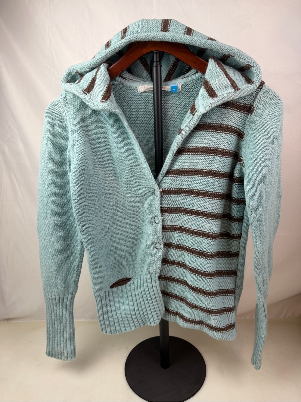 Anthropologie Sparrow Aqua Striped Hooded Cardigan Sweater M